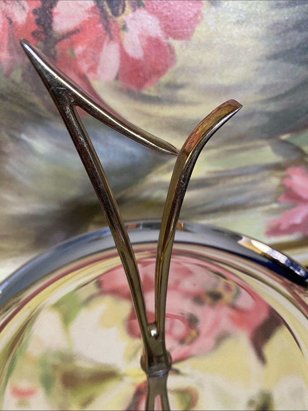 Kromex 2 Tier Tidbit Dessert Tray Chrome Stainless Gold Handle